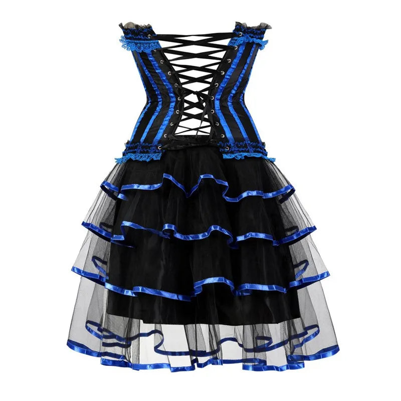 burlesque corset dress and skirt set costumes vintage striped floral lace dress corset bustier tank top for women plus size blue