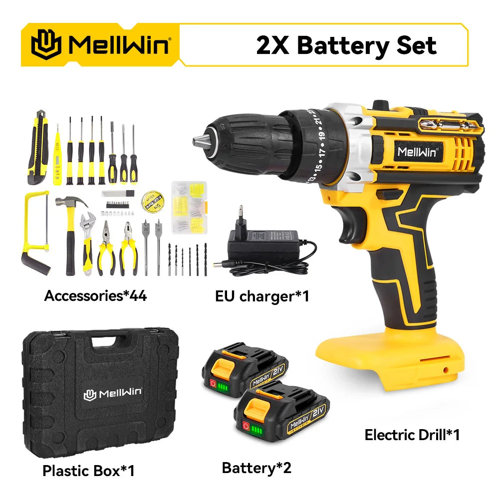 MELLWIN 25+3 Torque Electric Impact Drill 2 Speed ​​Adjustable Cordless Electric Screwdriver Power Tool For Makita 18V Battery Pin