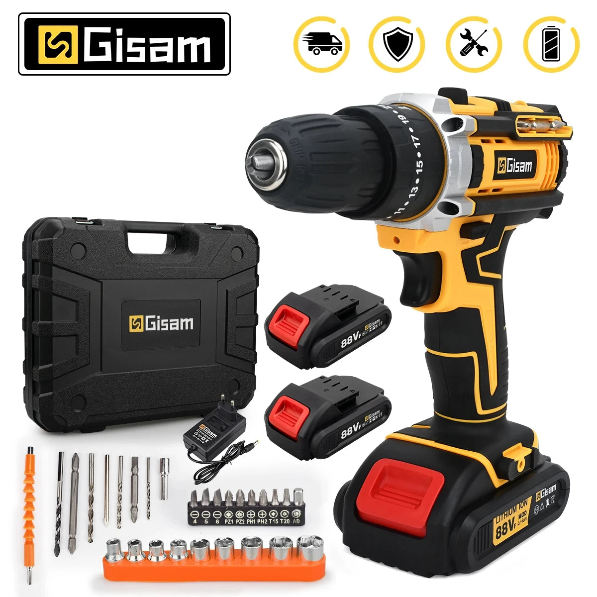 Gisam 25+3 Torque Electric Impact Screwdriver Multifunctional Cordless Drill Power Tool Setting 2 Gear Speed ​​with 2 Batteries
