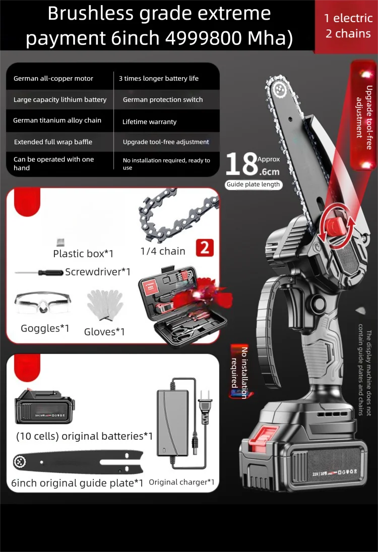 ZTEM 6inch Cordless Chain Saw Portable Brushless Electric Chainsaw Outdoor Wood Logging Pruning Cutting Machine Power Tool Sets