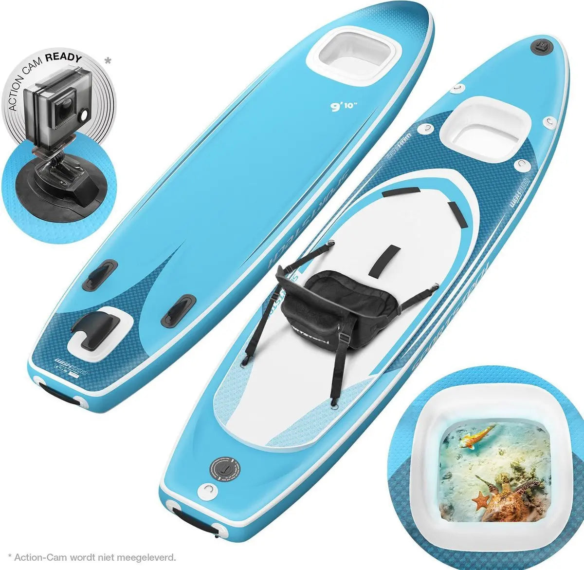 11ft Double Layer Wood Stand up Paddle Board Underwater Viewing SUP Surf Board With Cam Action Kayak Seat Wheel Bag