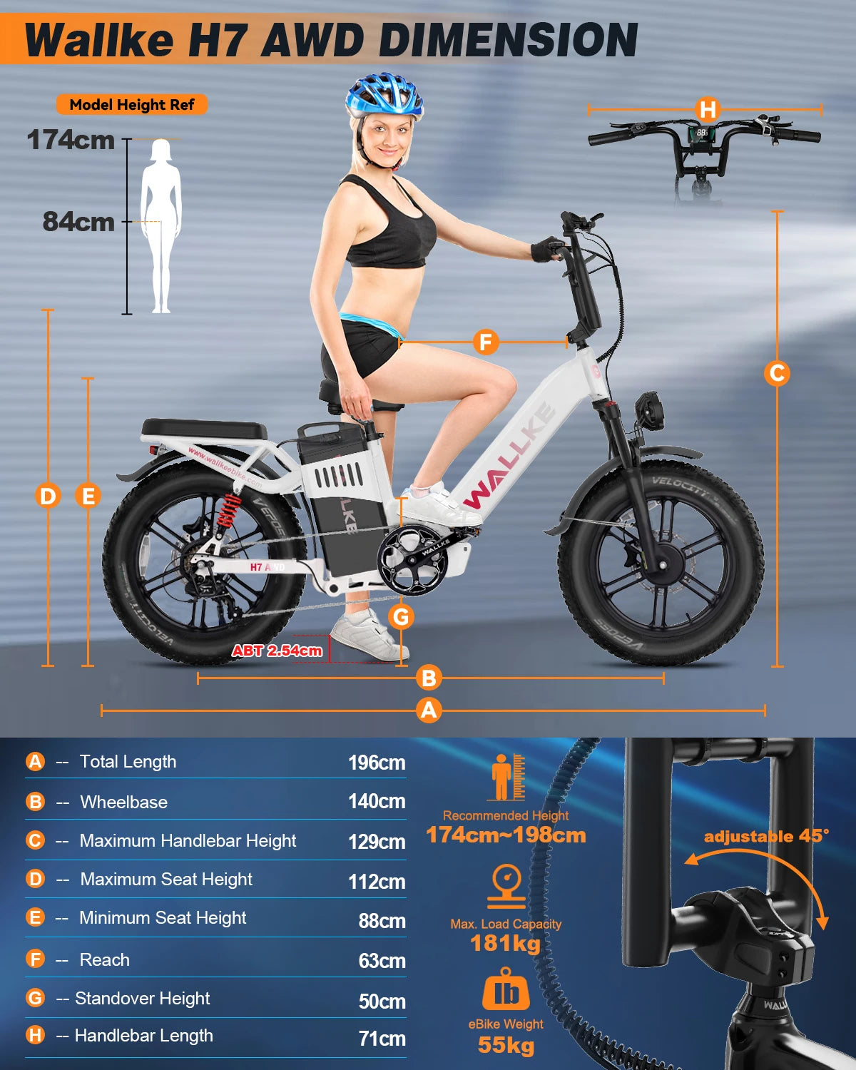 W Wallke H7 Electric Bicycle 1200W/2000W Dual Motor Electric Bike 40Ah/60Ah Step Thru Ebike 20*4'' Fat Tire Ebike W/APP Control
