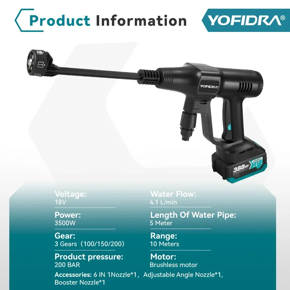 Yofidra 200Bar Brushless Electric Water Gun 3 Gears Cordless Rechargeable Car Garden Cleaning Tools For Makita 18v Battery Pin