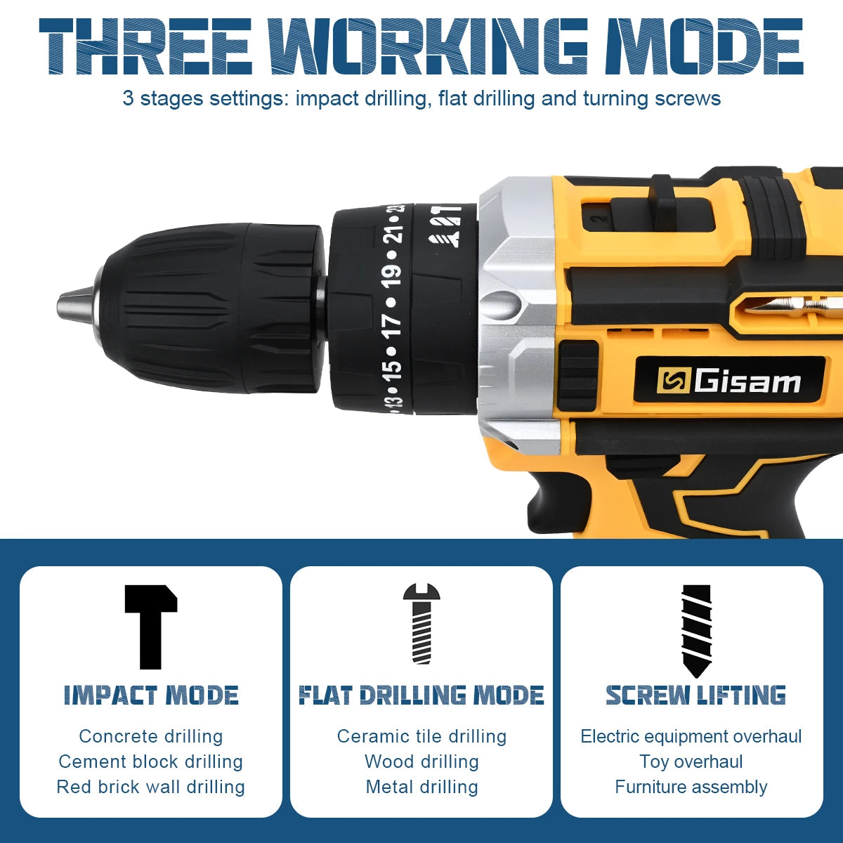 Gisam 25+3 Torque Electric Impact Screwdriver Multifunctional Cordless Drill Power Tool Setting 2 Gear Speed ​​with 2 Batteries