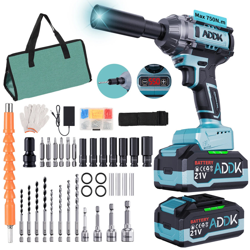 OBBGGNT 550N.m Cordless Impact Wrench,21V High Torque Brushless Impact Wrench,6 Speed Electric Tool Set with 4.0mAh Battery