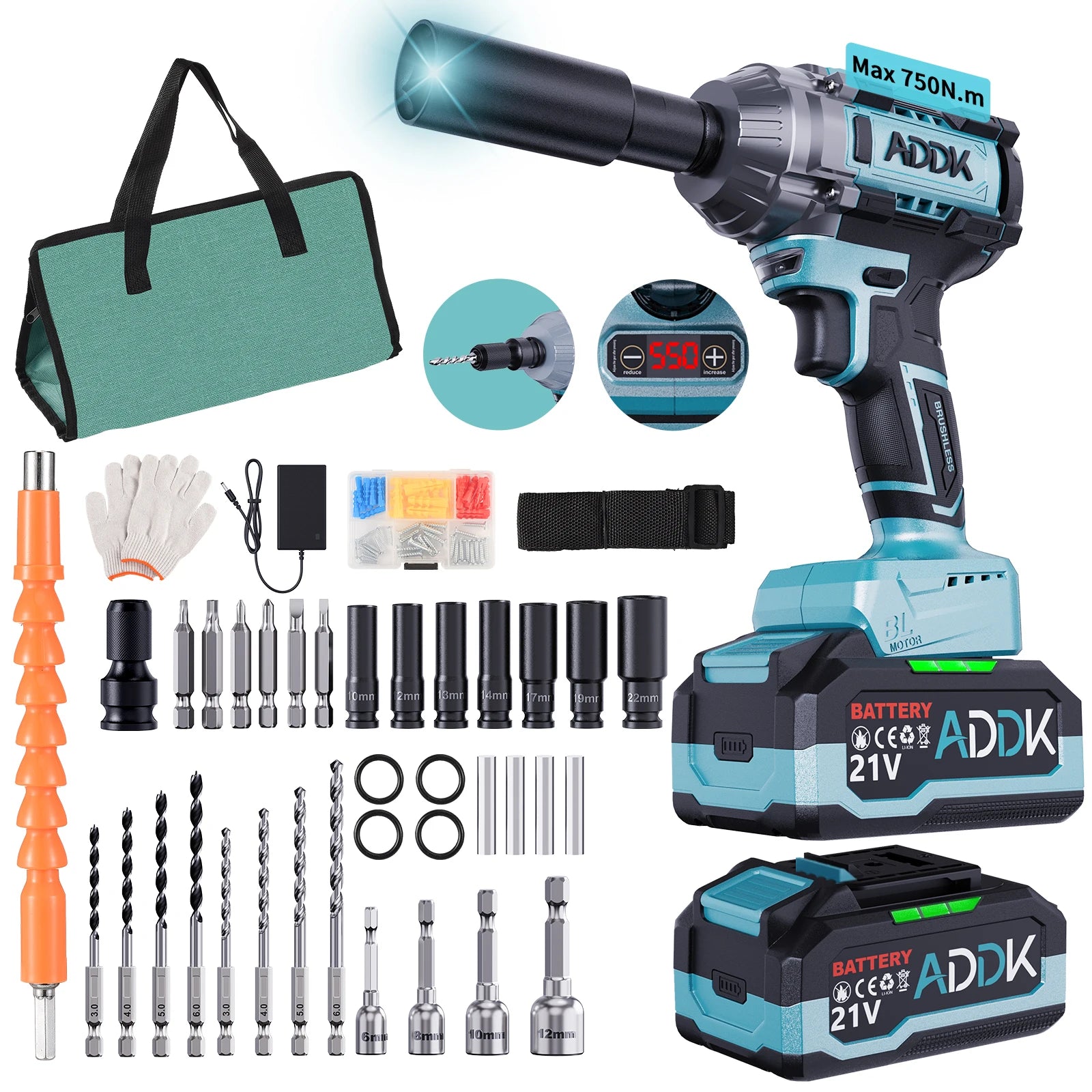 OBBGGNT 550N.m Cordless Impact Wrench,21V High Torque Brushless Impact Wrench,6 Speed Electric Tool Set with 4.0mAh Battery