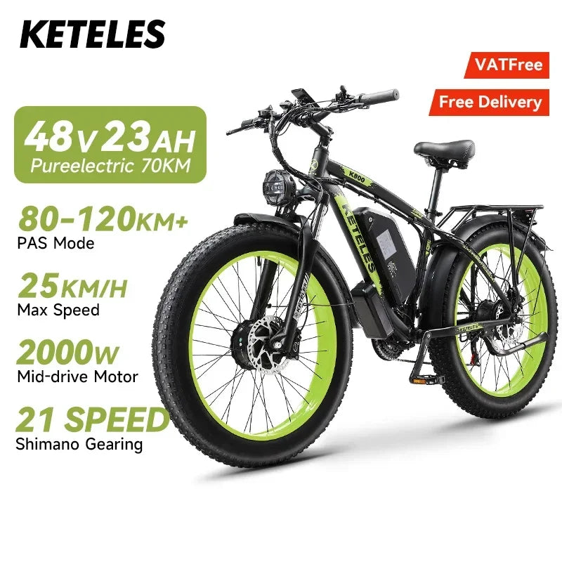 KETELES K800 Electric Bike 2000W Powerful Dual Motor 48V 23AH Battery 26*4.0 Fat Tire Bicycle Hydraulic Brake Mountain Ebike