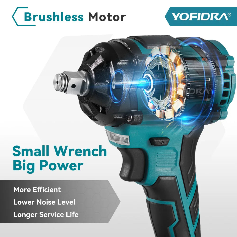 YOFIDRA 1/2" 1000N.M Brushless Electric Impact Wrench Handheld Cordless Car Screwdriver Drill Socket Set For Makita Battery Pin