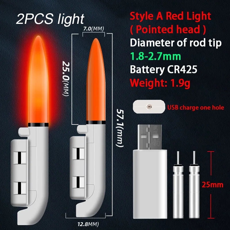 2PCS Fishing Floats Stick Light Warning Reminder Lights Fishing Buoy LED Rod Tip Luminous CR425 USB Charging Night Pesca Tackle