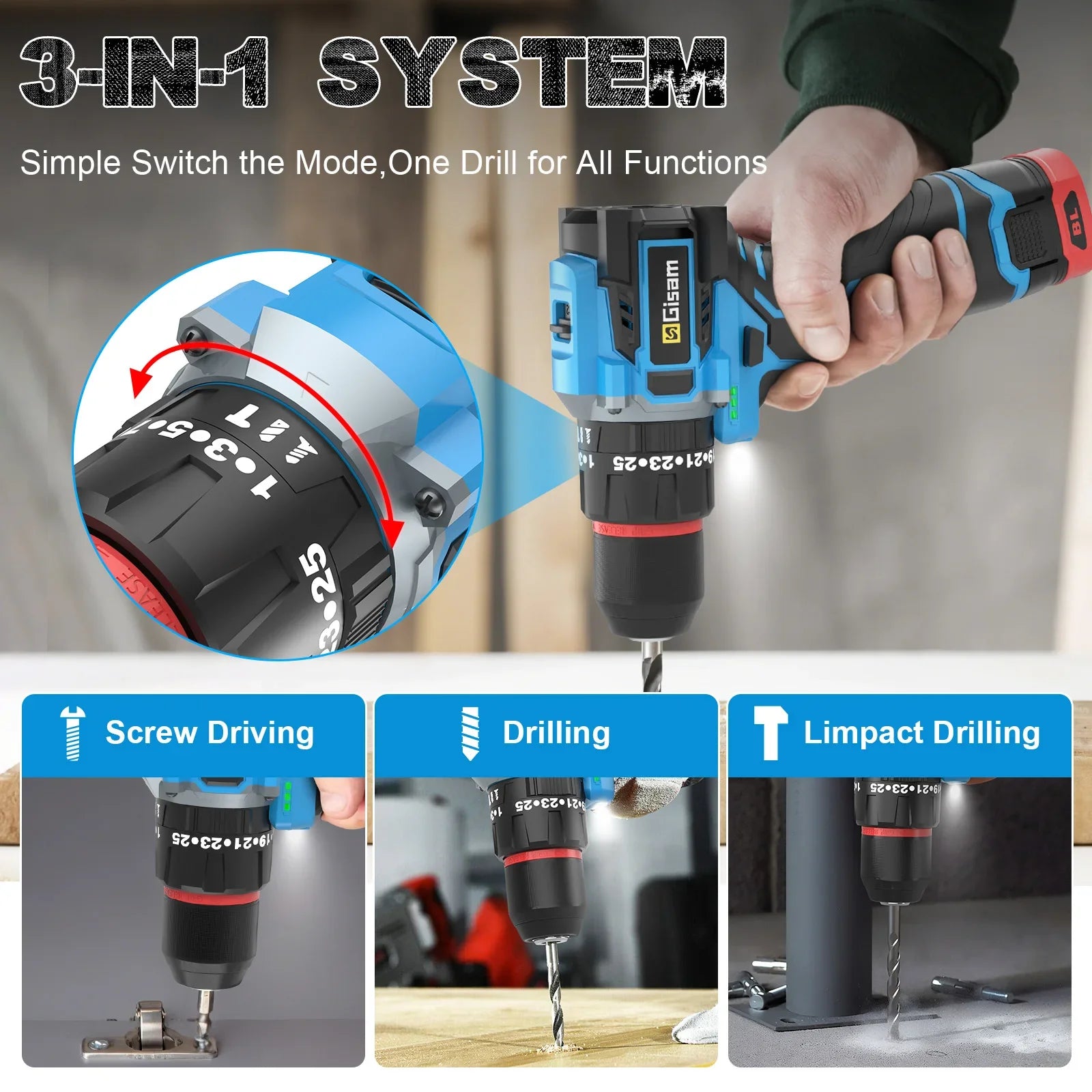 Gisam 95NM 25+3 Torque Brushless Electric Drill Protable Electric Screwdriver Metal Ratchet Chuck Cordless Drill DIY Power Tools