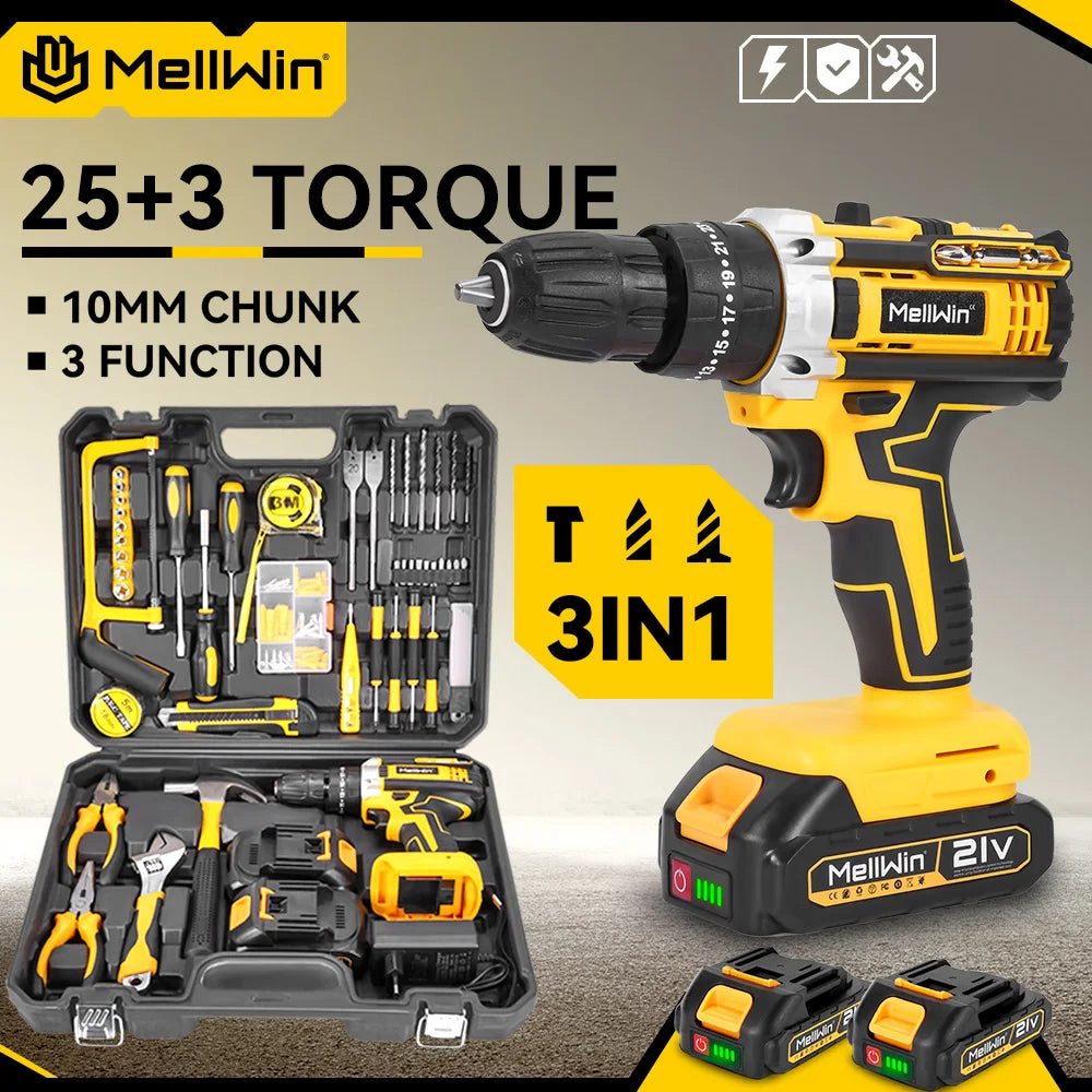 MELLWIN 25+3 Torque Electric Impact Drill 2 Speed ​​Adjustable Cordless Electric Screwdriver Power Tool For Makita 18V Battery Pin