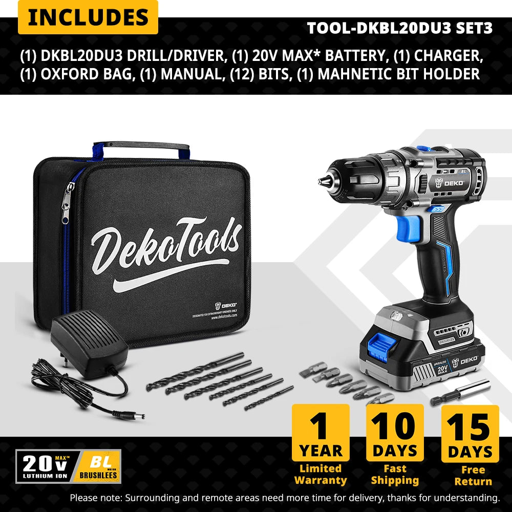 DEKO 20V Brushless Cordless Drill Combo Kit Mini Electric Screwdriver 2 Speed ​​Power Tools for Woodworking