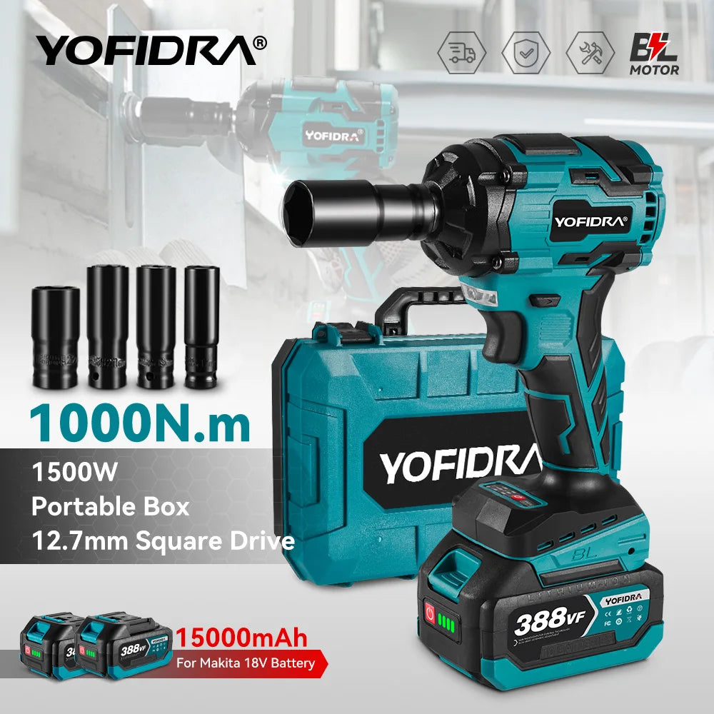 YOFIDRA 1/2" 1000N.M Brushless Electric Impact Wrench Handheld Cordless Car Screwdriver Drill Socket Set For Makita Battery Pin