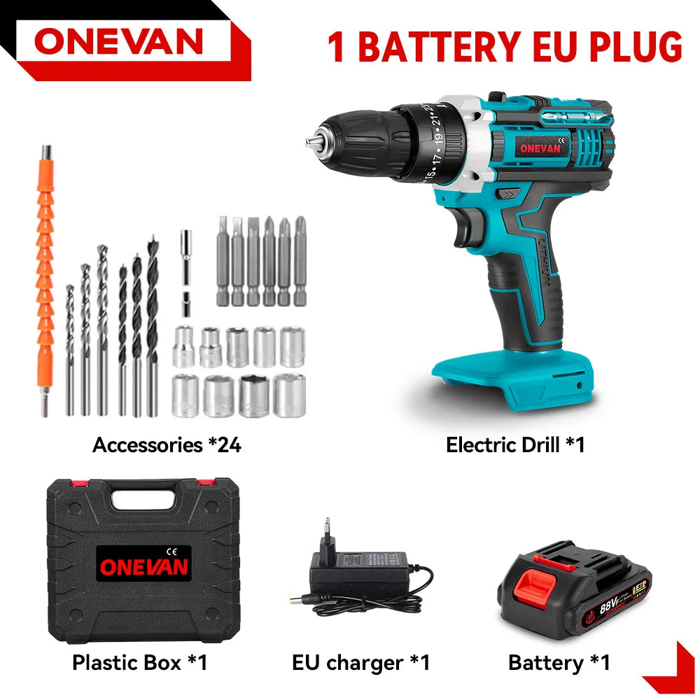 ONEVAN 25+3 Torque Electric Drill Portable Cordless Impact drill Furniture Wood Power Screwdriver Tools For Makita Battery Pin