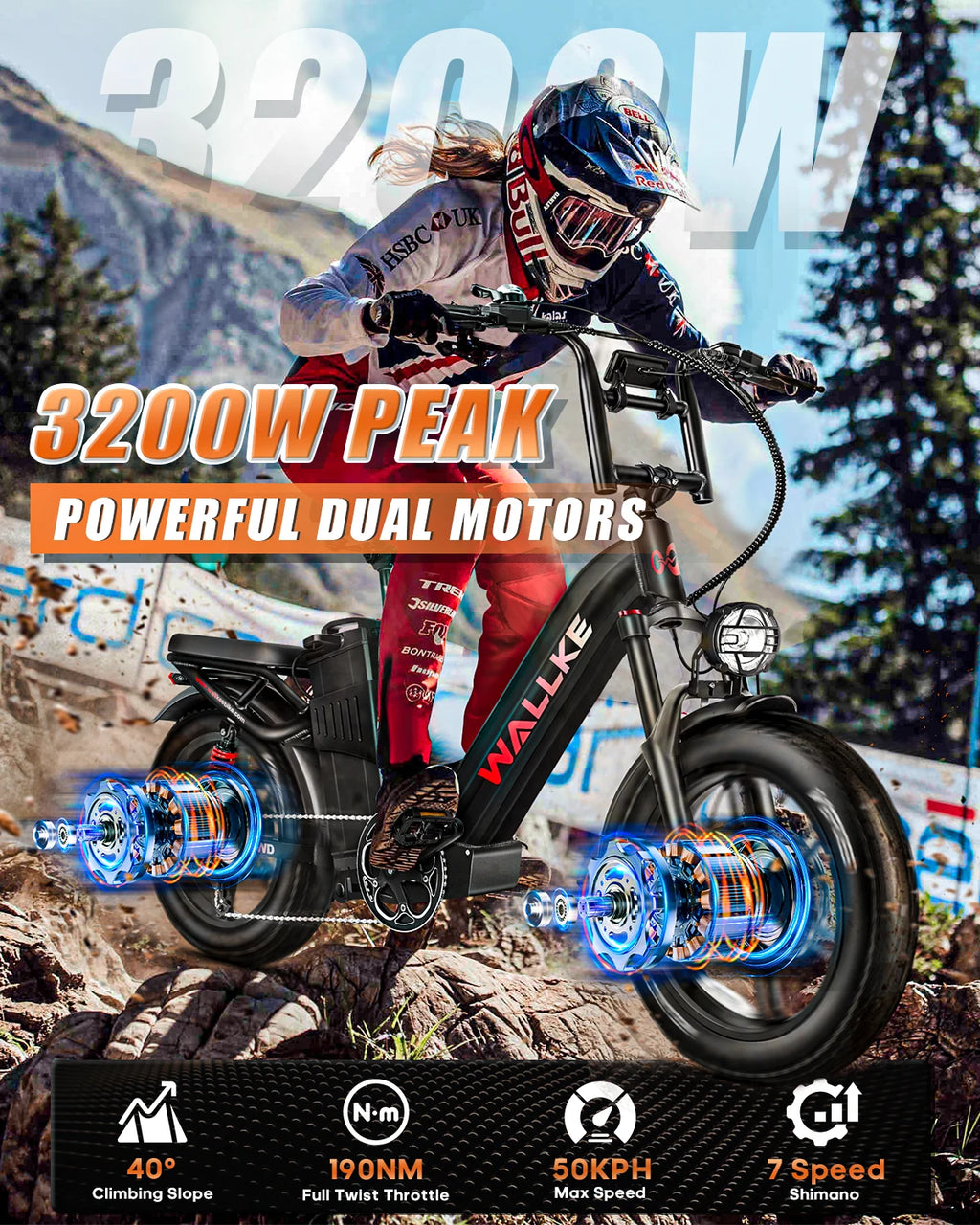 W Wallke H7 Electric Bicycle 1200W/2000W Dual Motor Electric Bike 40Ah/60Ah Step Thru Ebike 20*4'' Fat Tire Ebike W/APP Control