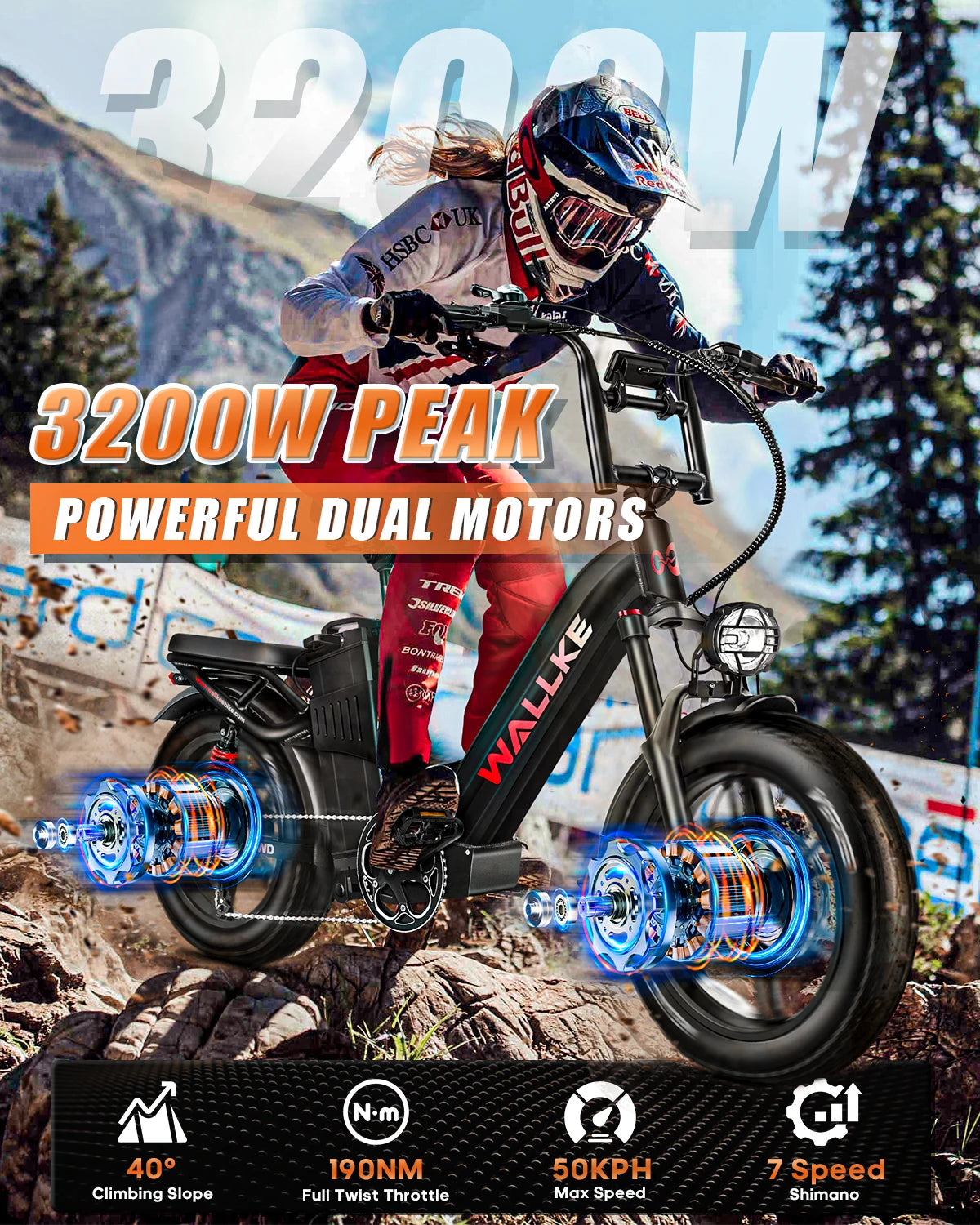 W Wallke H7 Electric Bicycle 1200W/2000W Dual Motor Electric Bike 40Ah/60Ah Step Thru Ebike 20*4'' Fat Tire Ebike W/APP Control