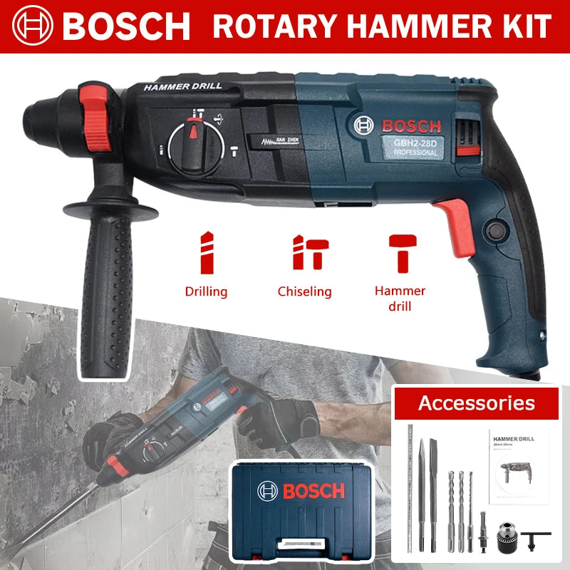 BOSCH GBH2-26 Rotary Hammer Drill Pro Kit SDSplus, 6-13mm Concrete, 5000 BPM, Full Set with Case