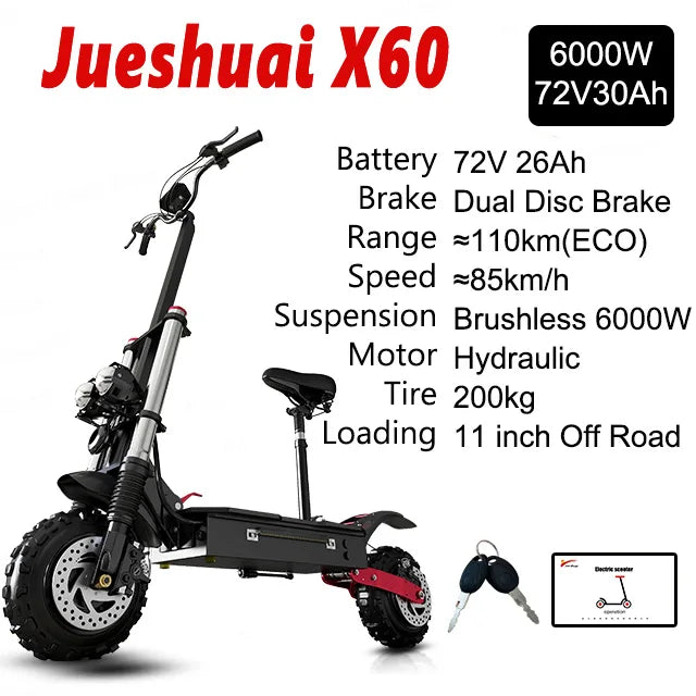 11Inch 72V 6000W Dual Motor Electric Scooter 85KM/H 100KM Long Range Off Road Electric Kick Scooter for adult Foldable with Seat