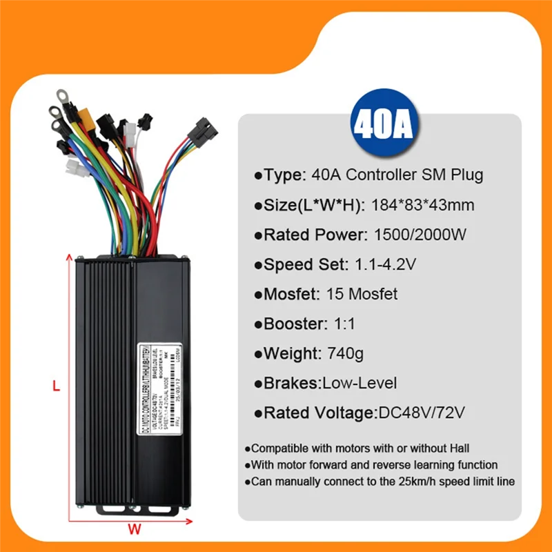ABME 48V 72V E-Bike 40A 1000W-2000W Three Mode Sine Wave Controller For Electric Bicycle Ebike E-Scooter