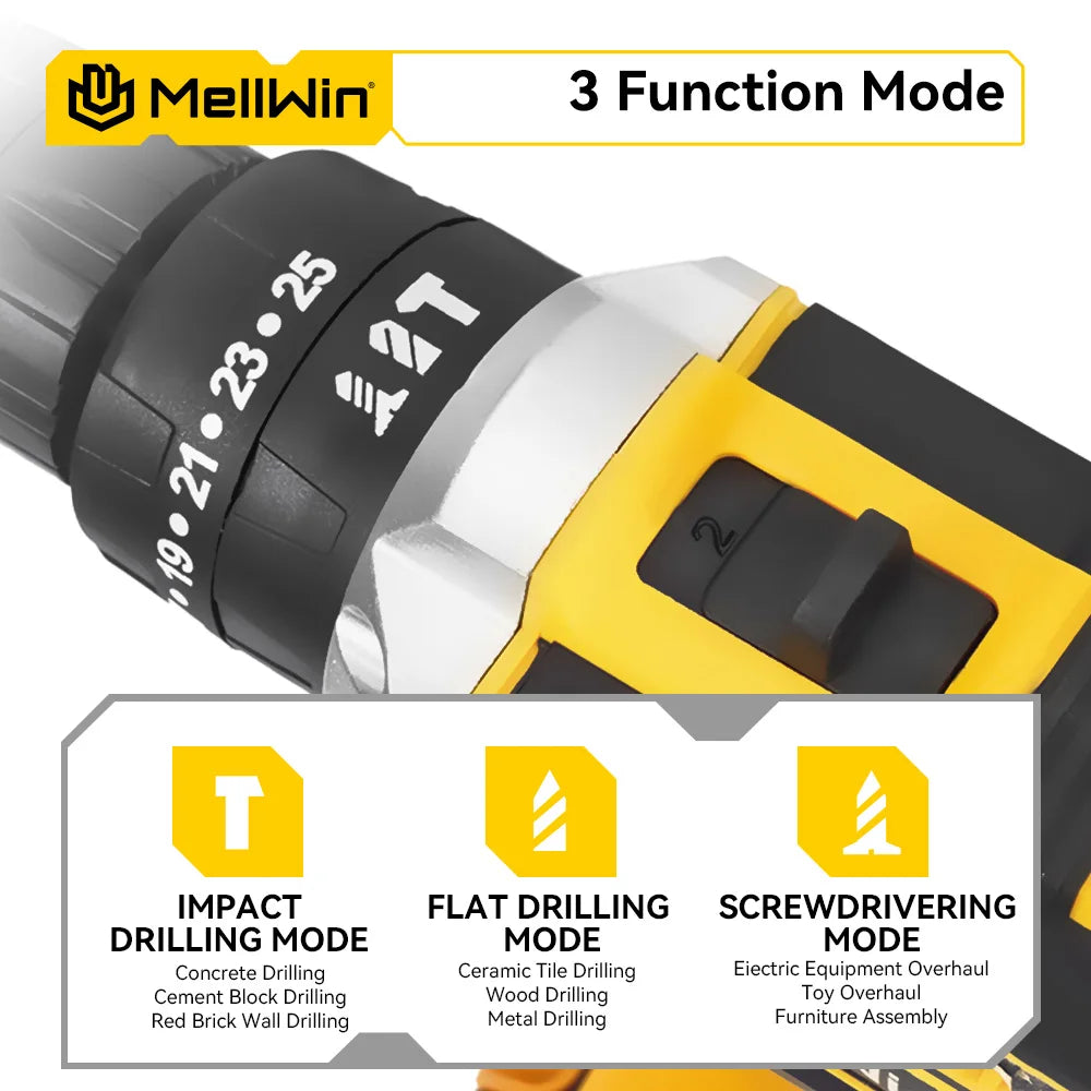 MELLWIN 25+3 Torque Electric Impact Drill 2 Speed ​​Adjustable Cordless Electric Screwdriver Power Tool For Makita 18V Battery Pin