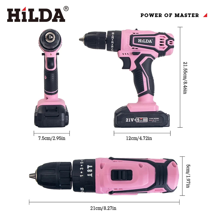 HILDA 21V Pink Drill Cloth Bag Set with Accessories and Two Batteries Suitable for DIY Home Decoration
