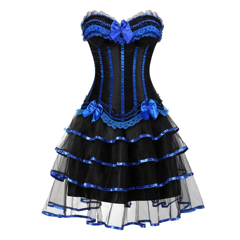 burlesque corset dress and skirt set costumes vintage striped floral lace dress corset bustier tank top for women plus size blue
