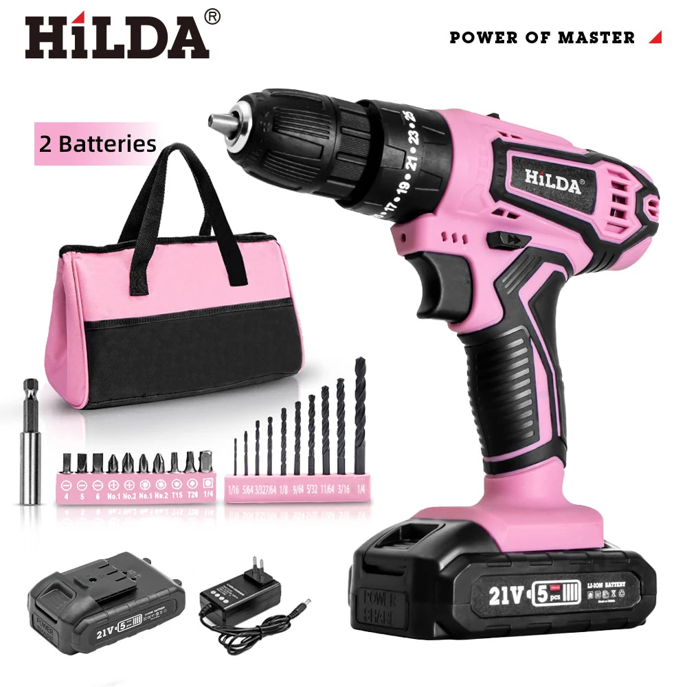 HILDA 21V Pink Drill Cloth Bag Set with Accessories and Two Batteries Suitable for DIY Home Decoration