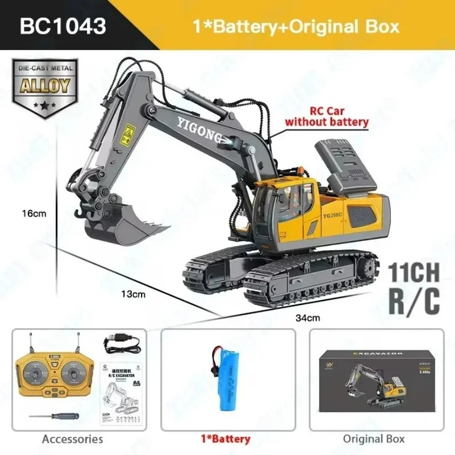 Remote Control Excavator Toy for Kids -2.4Ghz RC Construction Vehicle Truck Toy with Alloy Metal Cap, Light&amp;Sound