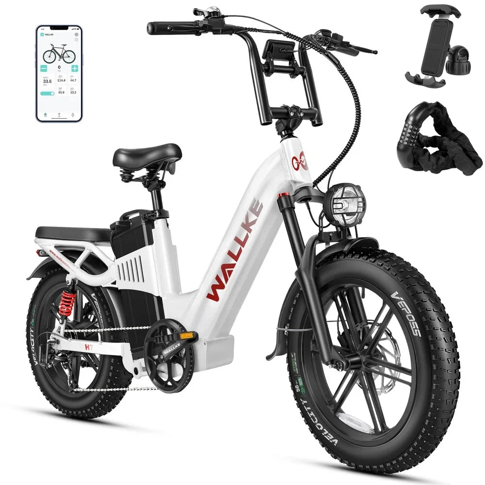 W Wallke H7 Electric Bicycle 1200W/2000W Dual Motor Electric Bike 40Ah/60Ah Step Thru Ebike 20*4'' Fat Tire Ebike W/APP Control