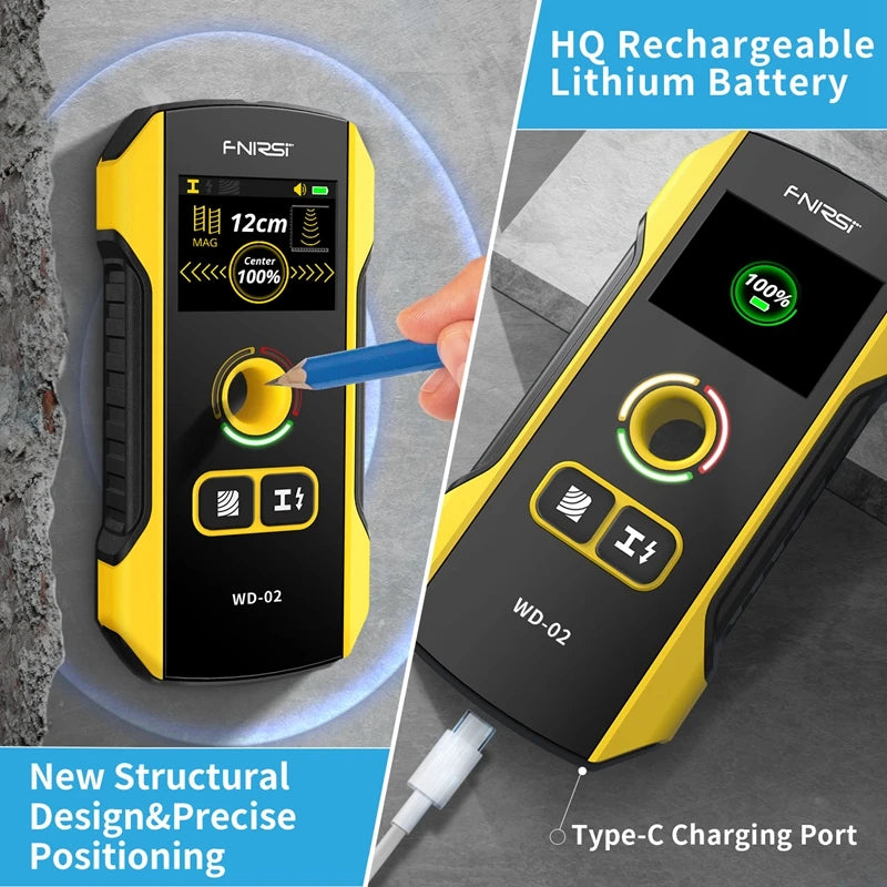 FNIRSI WD-02 Wall Detector Stud Finder Positioning Hole Upgraded TFT Display AC Live Cable Wires Metal Wood Scanner Rechargeable