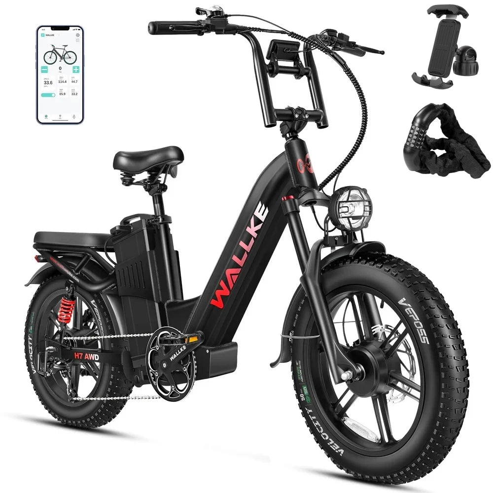 W Wallke H7 Electric Bicycle 1200W/2000W Dual Motor Electric Bike 40Ah/60Ah Step Thru Ebike 20*4'' Fat Tire Ebike W/APP Control