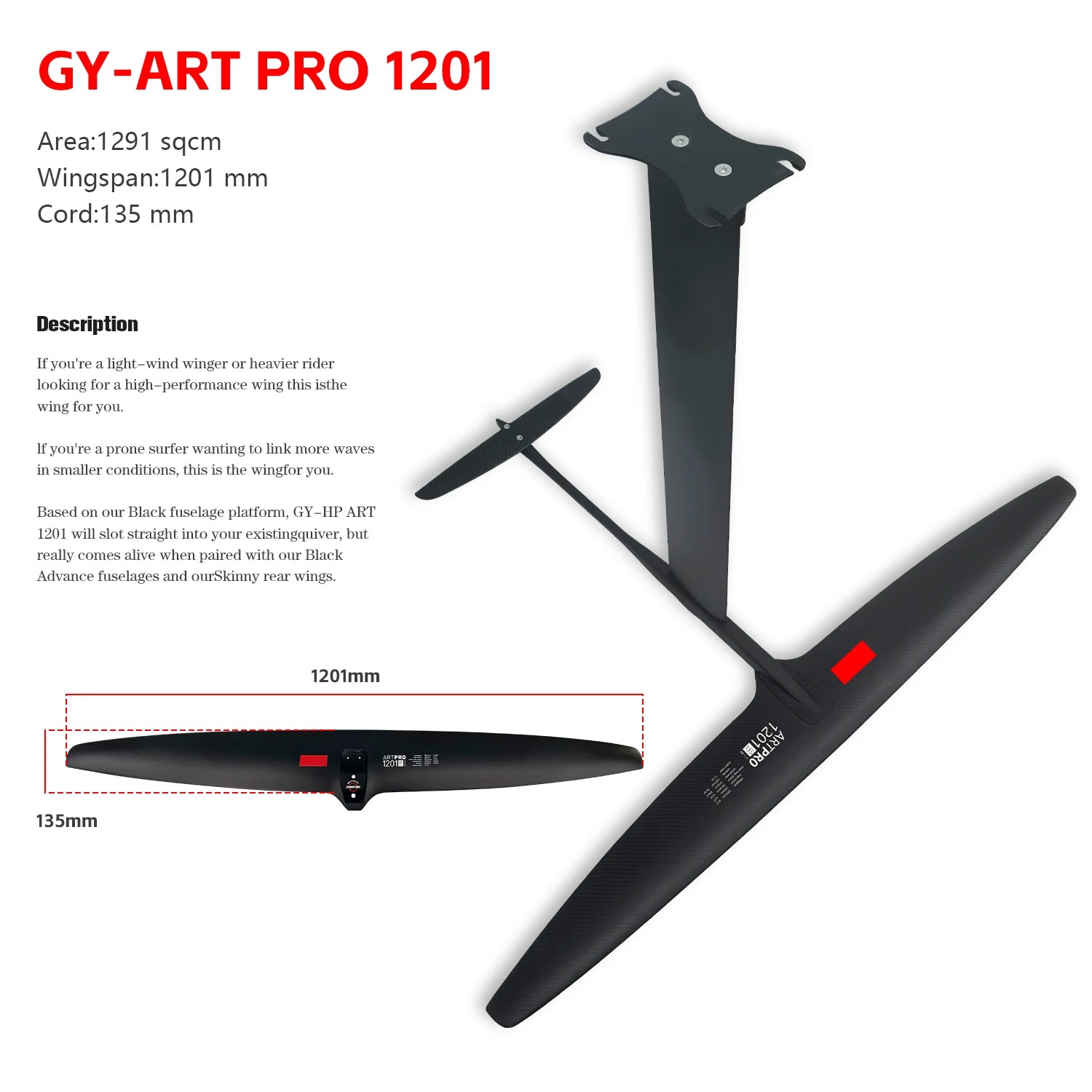 GY- ART PRO 1201 Ultra-Light Carbon Fiber Hydrofoil 1291sqcm Unpowered for Downwinding and Surfing Pump Accessory
