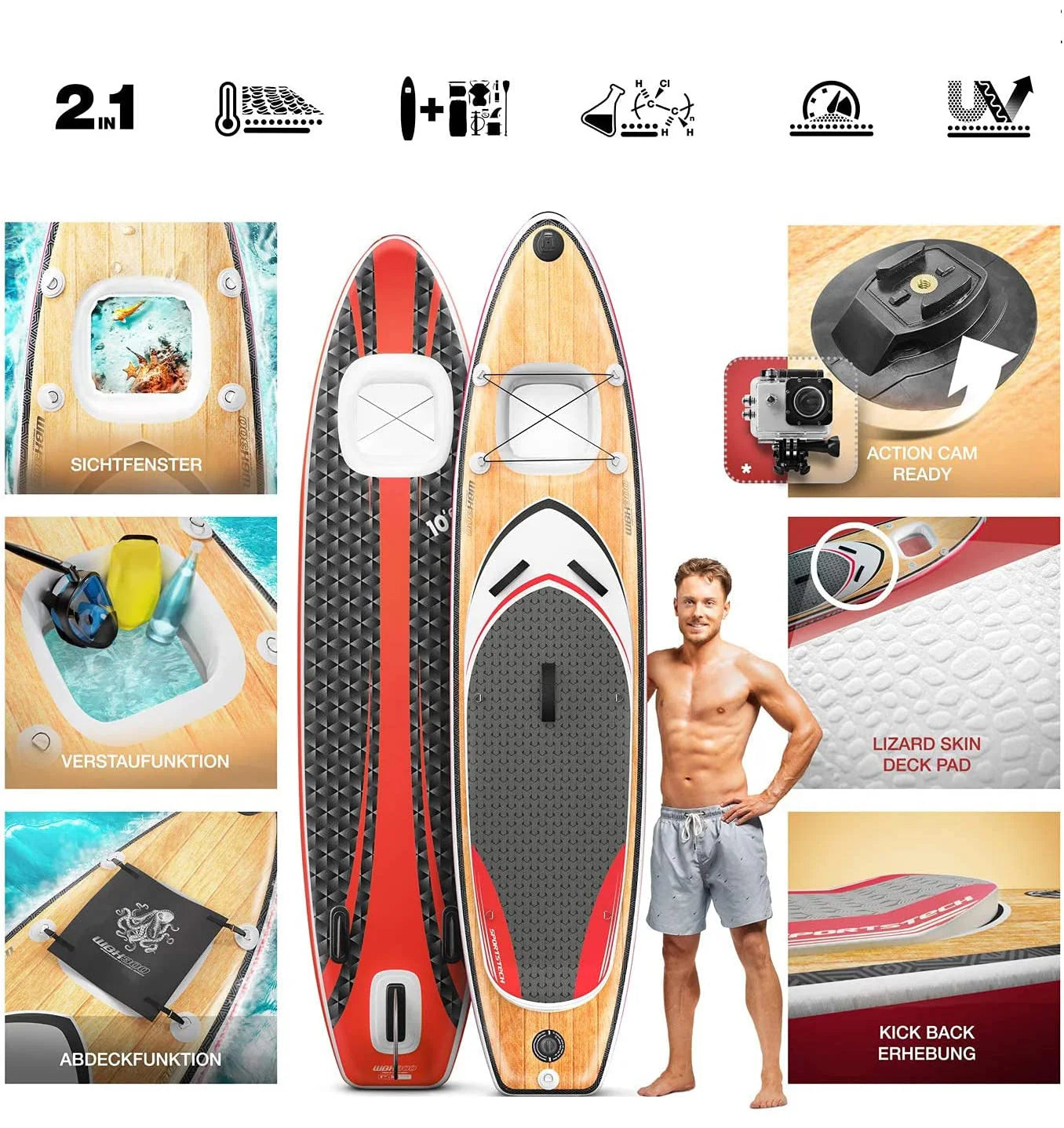 11ft Double Layer Wood Stand up Paddle Board Underwater Viewing SUP Surf Board With Cam Action Kayak Seat Wheel Bag
