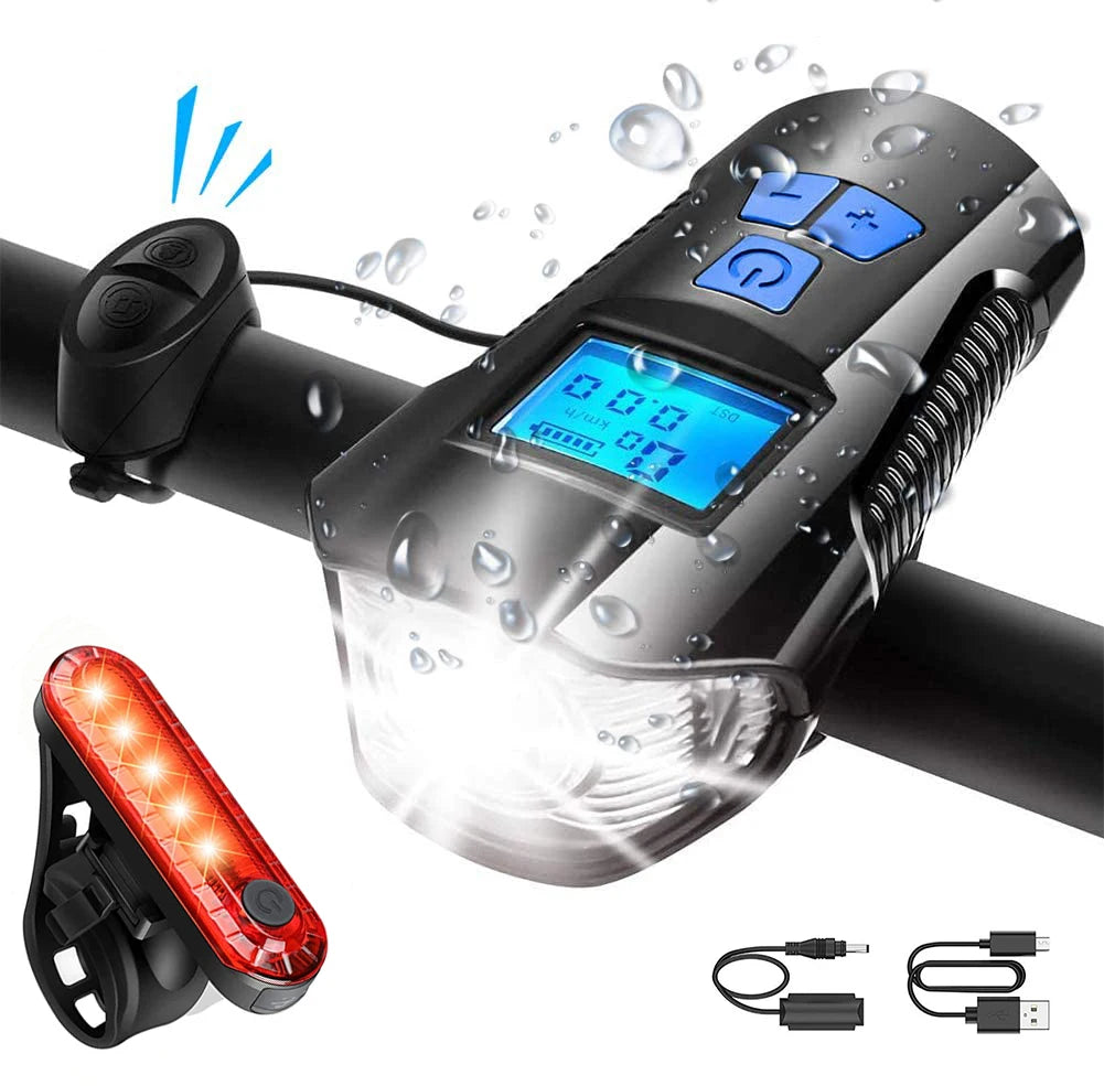 Bike Light Set,Bicycle Headlight with Horn and Speedometer Odometer,USB Rechargeable Bike Front Light and Tail Light