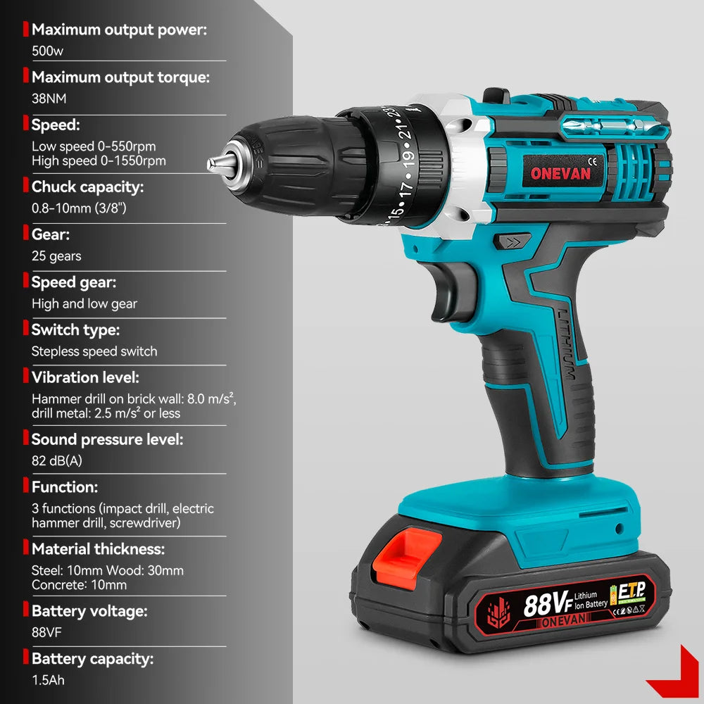ONEVAN 25+3 Torque Electric Drill Portable Cordless Impact drill Furniture Wood Power Screwdriver Tools For Makita Battery Pin