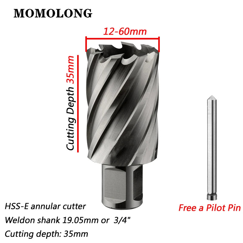 HSS-E Annular Cutter With 3/4" Weldon Shank 35mm High Speed ​​Steel Core Drill Diameter 12--60mm x 35mm Hole Saw Cut Depth 35mm