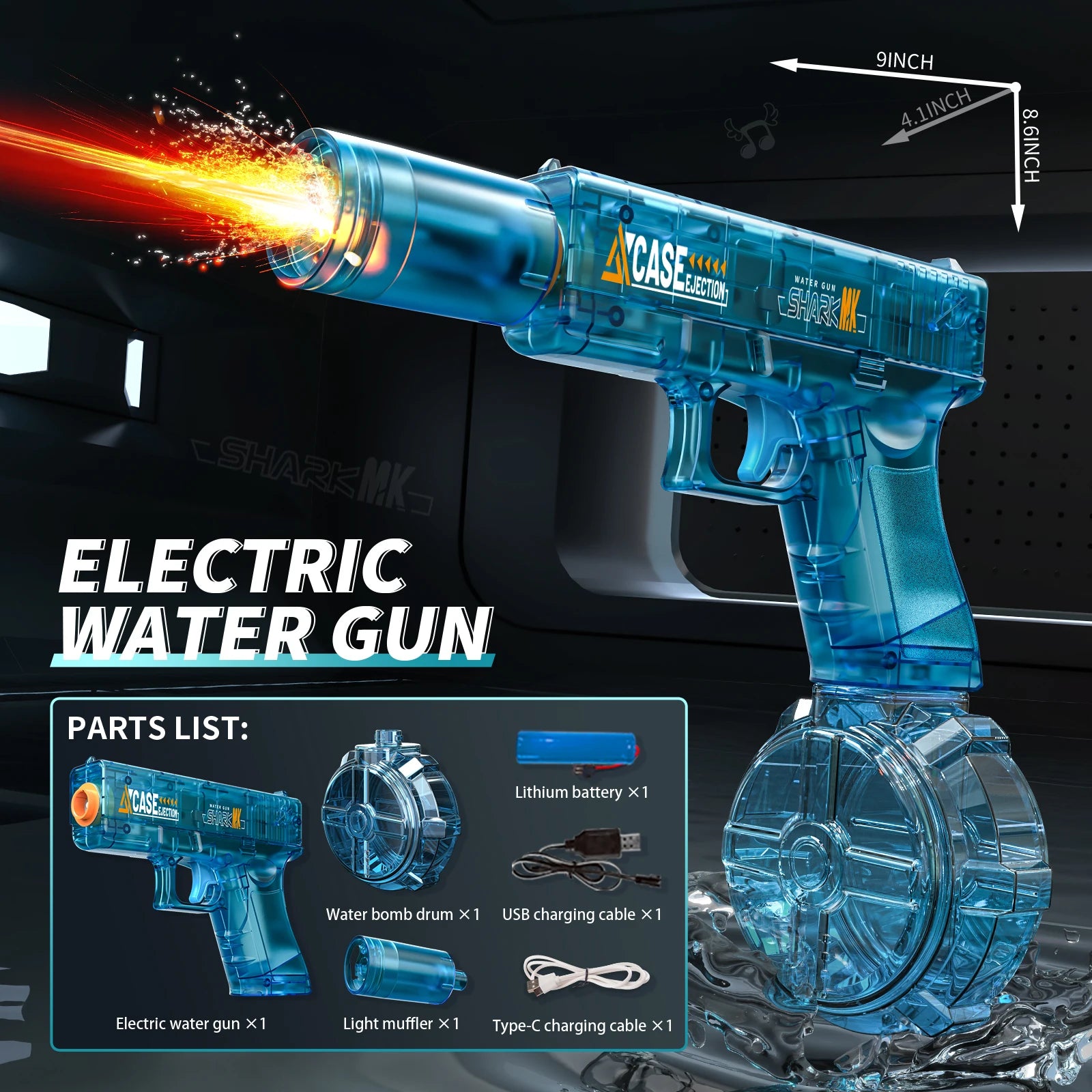 Electric Water Gun, Automatic Squirt with Pistol Realistic Gun Muzzle Flame Summer Outdoor Beach Swimming Pool Party Toy