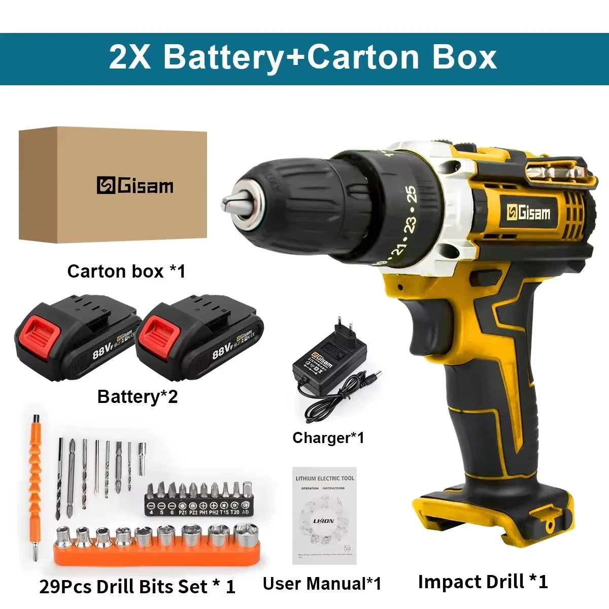 Gisam 25+3 Torque Electric Impact Screwdriver Multifunctional Cordless Drill Power Tool Setting 2 Gear Speed ​​with 2 Batteries