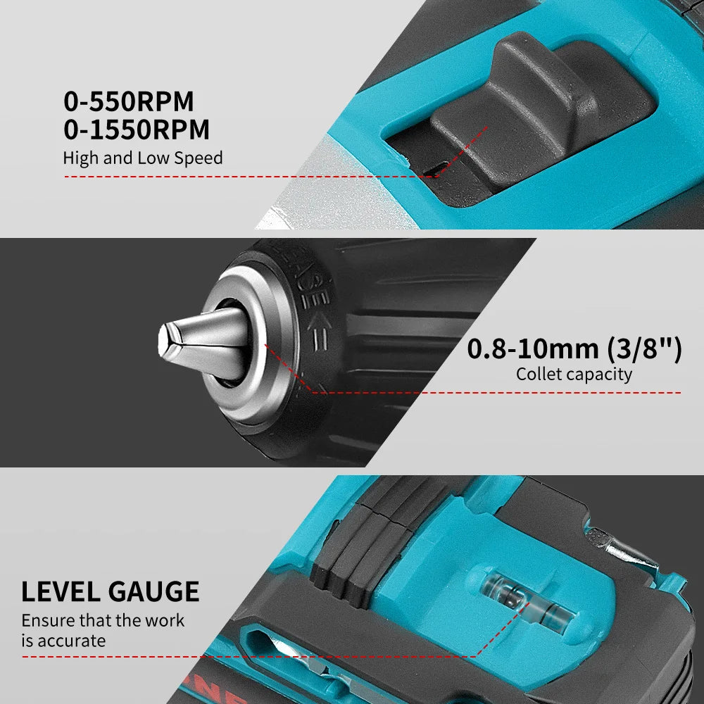 ONEVAN 25+3 Torque Electric Drill Portable Cordless Impact drill Furniture Wood Power Screwdriver Tools For Makita Battery Pin