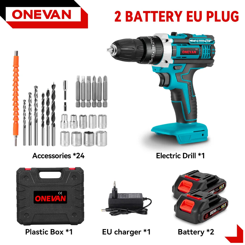 ONEVAN 25+3 Torque Electric Drill Portable Cordless Impact drill Furniture Wood Power Screwdriver Tools For Makita Battery Pin