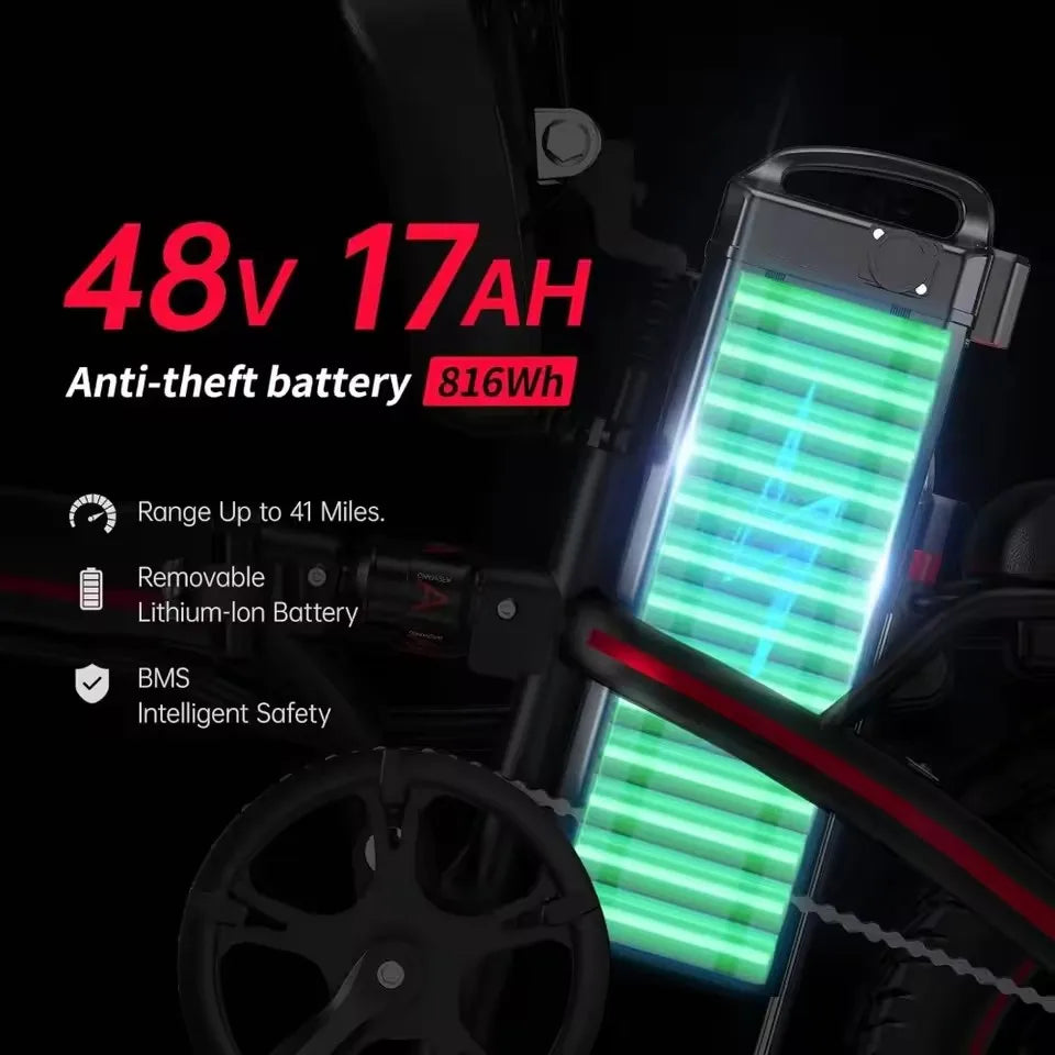 Folding Electric Bike for Adults, 500W Motor, 25MPH Max Speed Ebikes, 48V 17AH Removable Battery, Up to 42 Miles, 14" Fat Tire