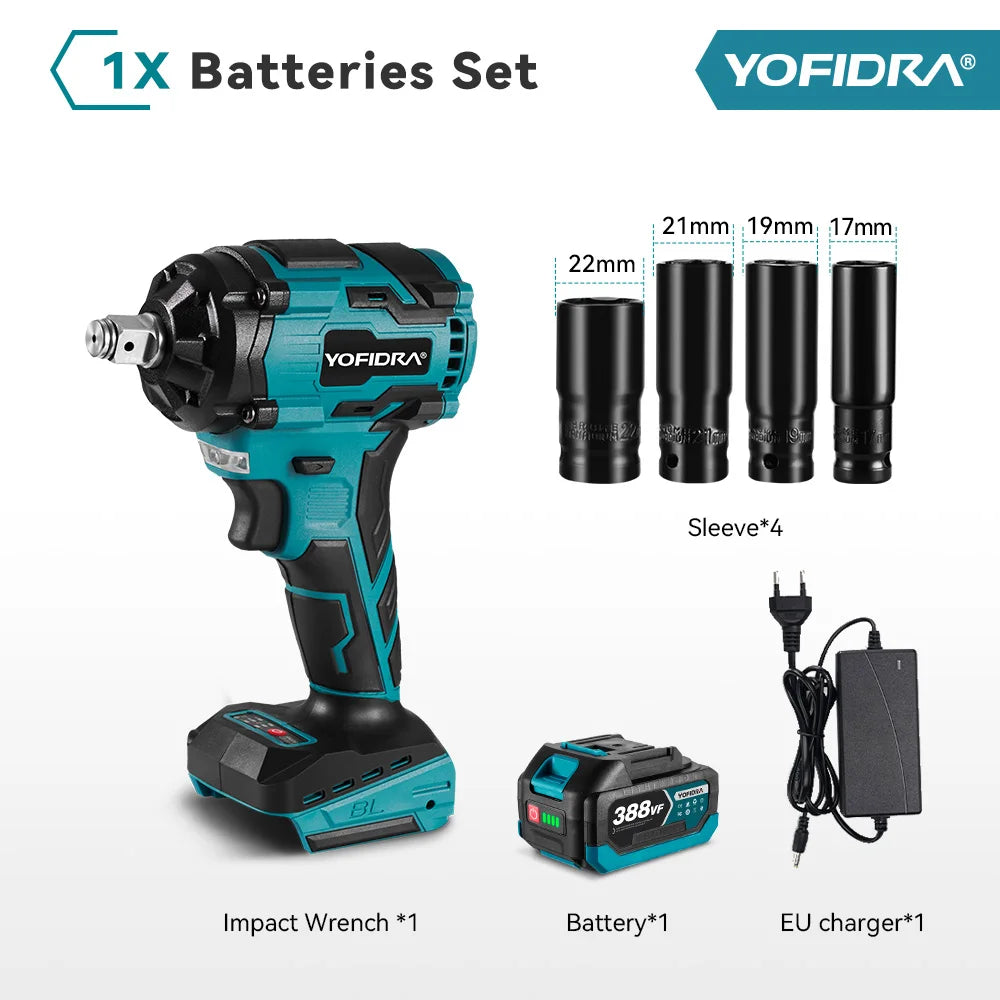 YOFIDRA 1/2" 1000N.M Brushless Electric Impact Wrench Handheld Cordless Car Screwdriver Drill Socket Set For Makita Battery Pin