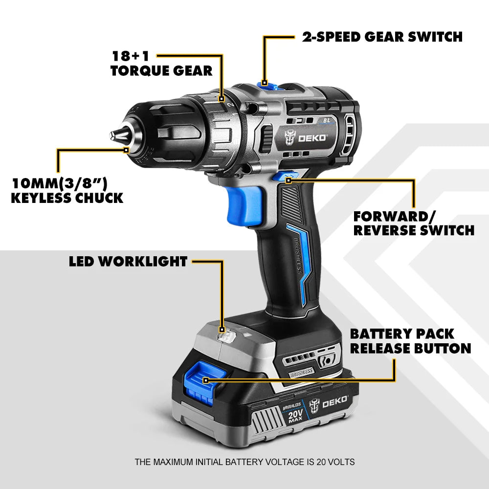 DEKO 20V Brushless Cordless Drill Combo Kit Mini Electric Screwdriver 2 Speed ​​Power Tools for Woodworking