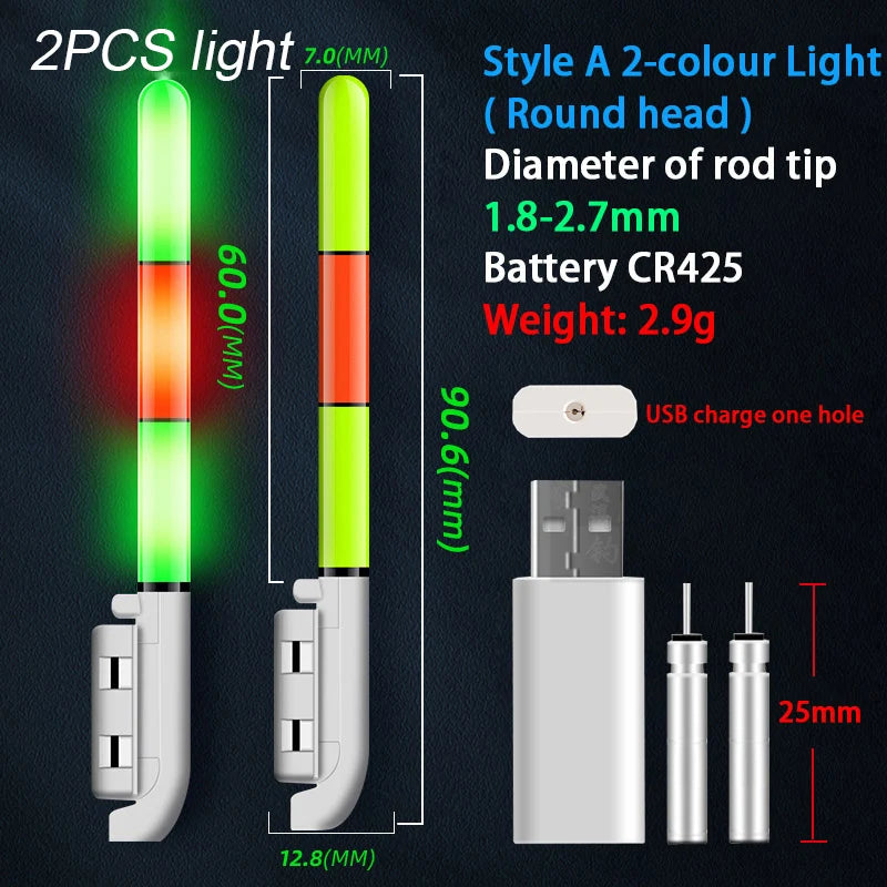 2PCS Fishing Floats Stick Light Warning Reminder Lights Fishing Buoy LED Rod Tip Luminous CR425 USB Charging Night Pesca Tackle