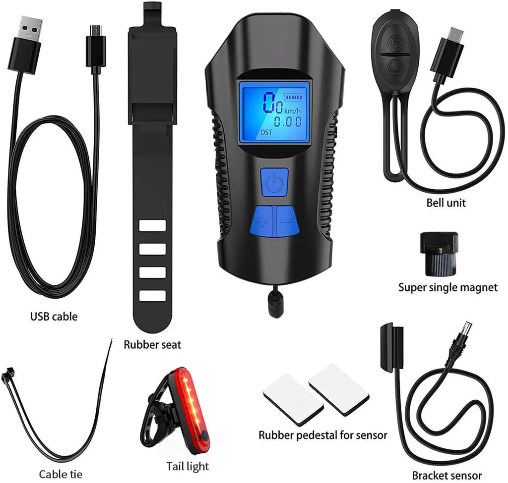 Bike Light Set,Bicycle Headlight with Horn and Speedometer Odometer,USB Rechargeable Bike Front Light and Tail Light