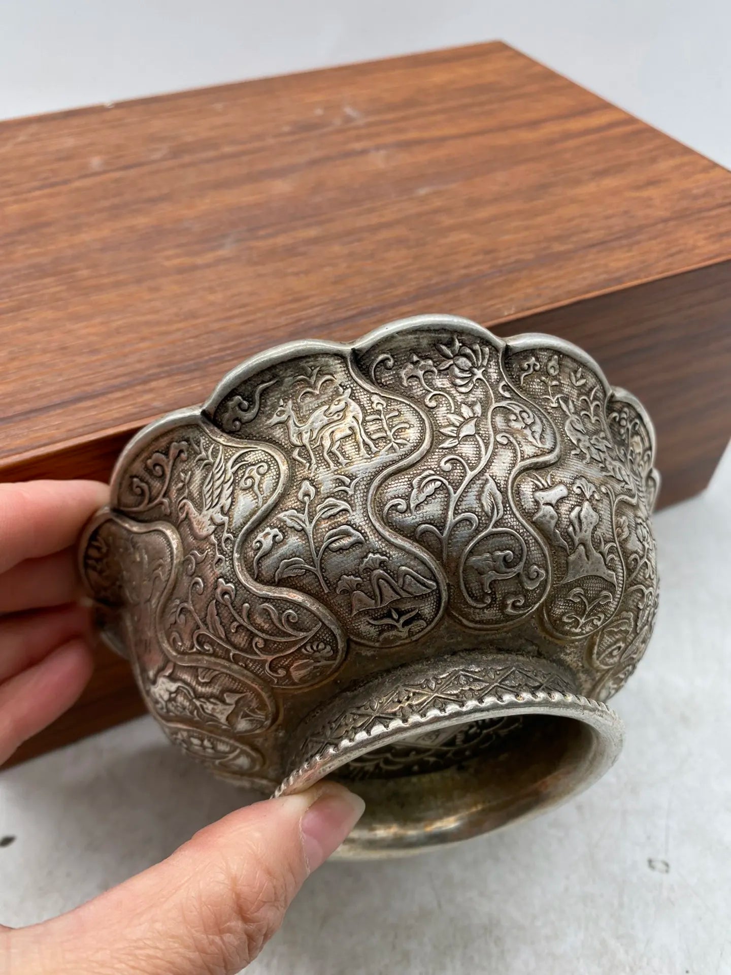 China silver bronze Carved cup wine cup auspicious beast deer, goose Tang Dynasty Metal crafts vintage home decoration bowl