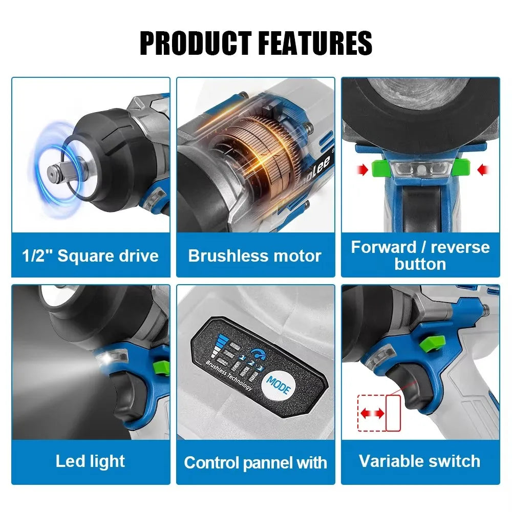 Kamolee 3100NM High Torque Wireless Charging Wrench 1/2 Inch 21V-24V Brushless Electric Impact Wrench Repair Power Tool Set