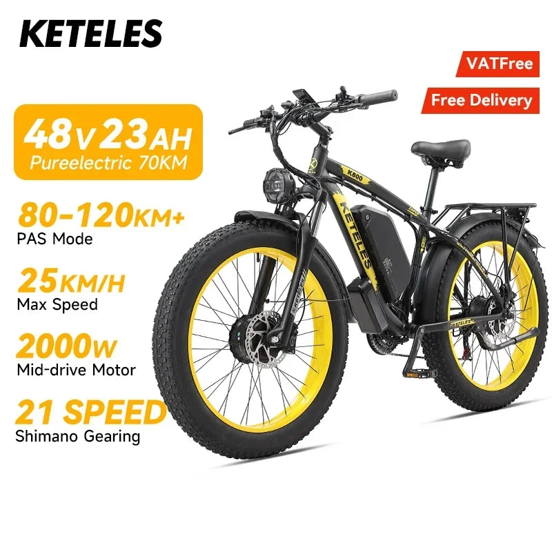 KETELES K800 Electric Bike 2000W Powerful Dual Motor 48V 23AH Battery 26*4.0 Fat Tire Bicycle Hydraulic Brake Mountain Ebike