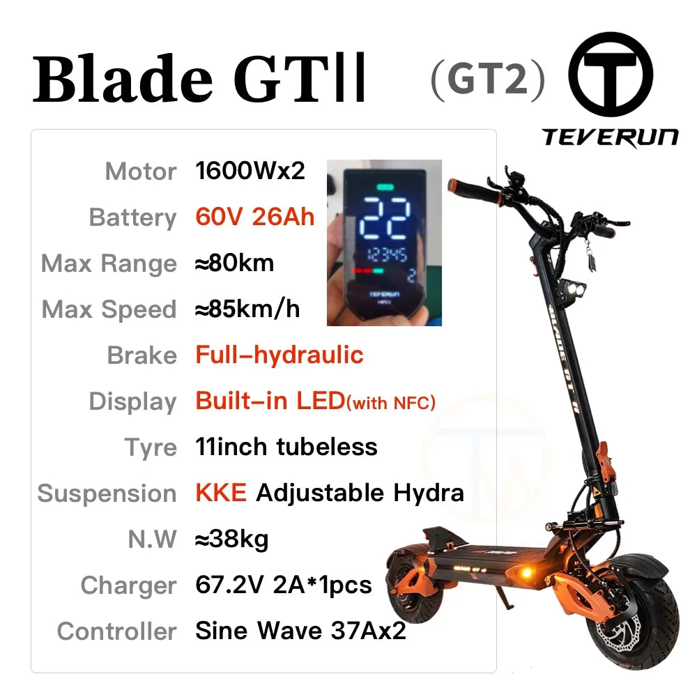TEVERUN BLADE GT2 Electric Scooter Blade GTII 60V 26Ah 1600W*2 11inch Built-in LED NFC KKE Adjustable Suspension Skateboard