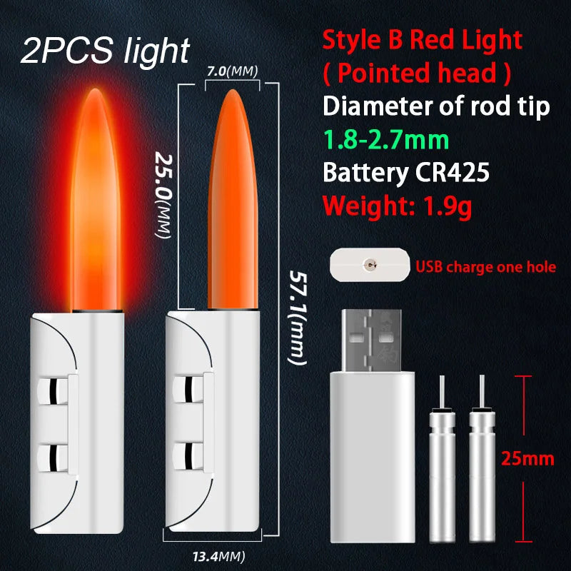 2PCS Fishing Floats Stick Light Warning Reminder Lights Fishing Buoy LED Rod Tip Luminous CR425 USB Charging Night Pesca Tackle
